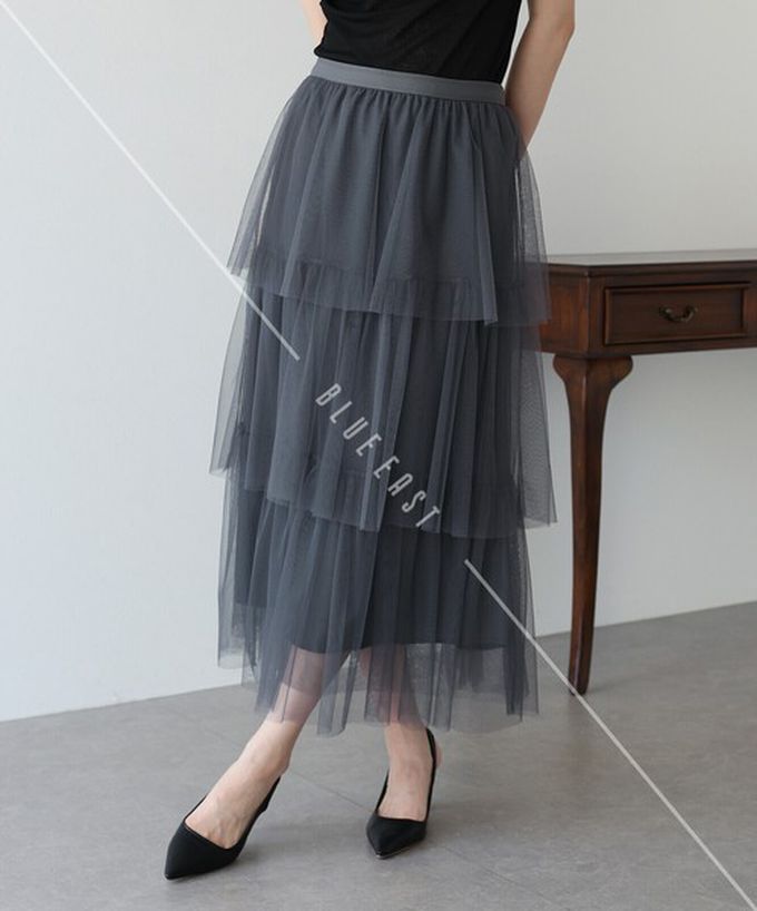 日本 BLUE EAST - 夢幻搖曳感層次薄紗長裙-炭灰