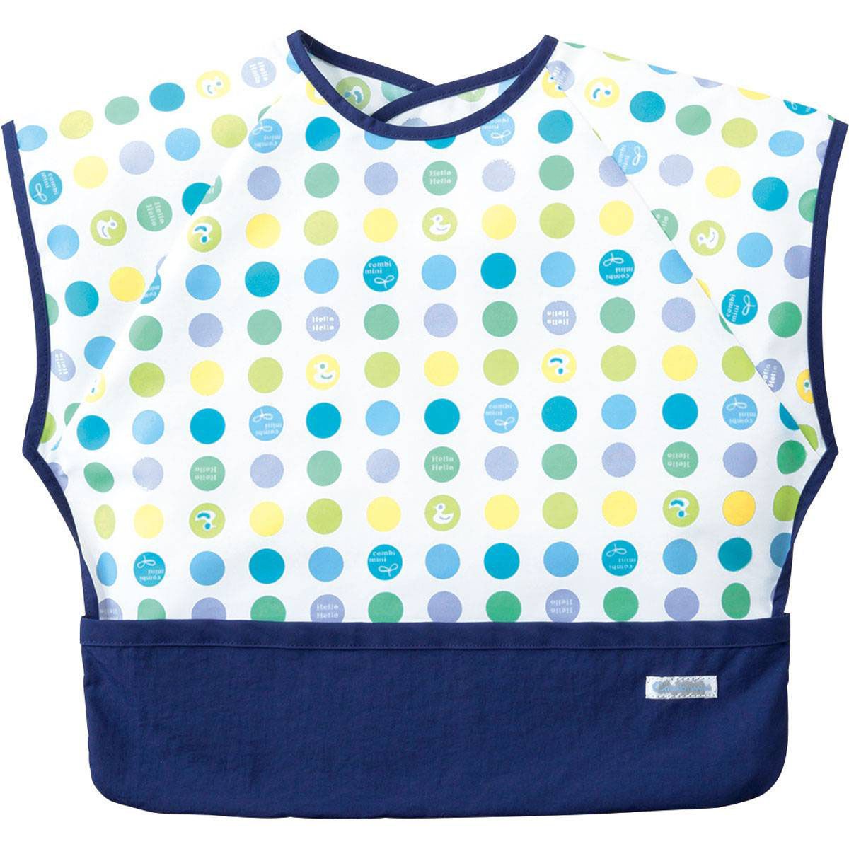 日本 Combi - mini 食事圍兜-短袖款-點點鴨-海軍藍 (L [90-100cm])-12個月起