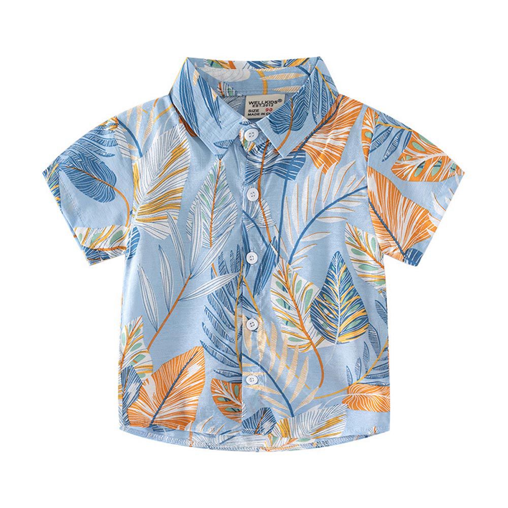 WELLKIDS - 渡假風休閒翻領短袖襯衫-夏威夷-藍色