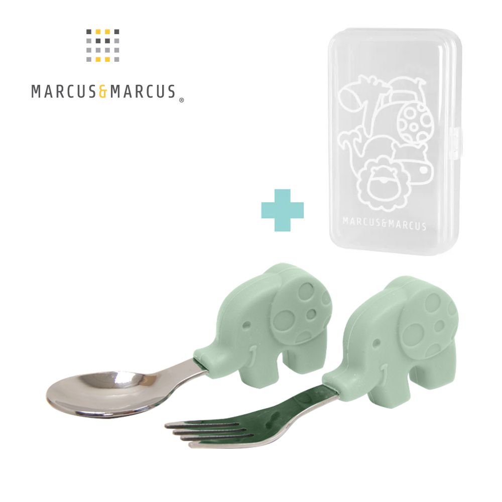 動物樂園寶寶手握訓練叉匙-粉彩大象(粉綠)