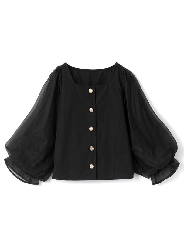 日本 GRL - 方領排釦薄紗澎澎袖上衣-時尚黑
