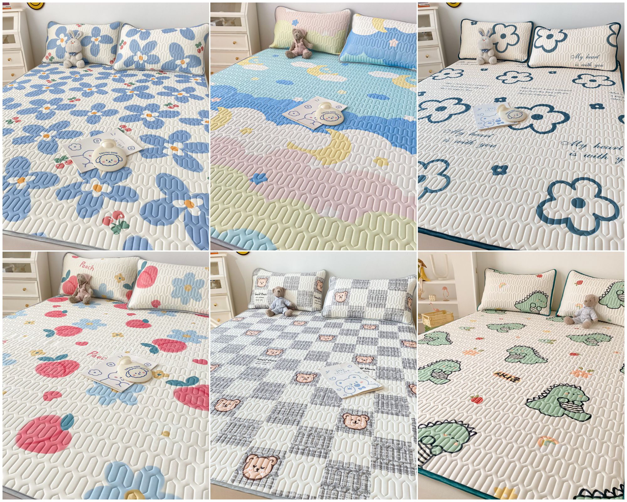 超涼感可水洗冰絲乳膠涼蓆套組-彩色波浪-3件組