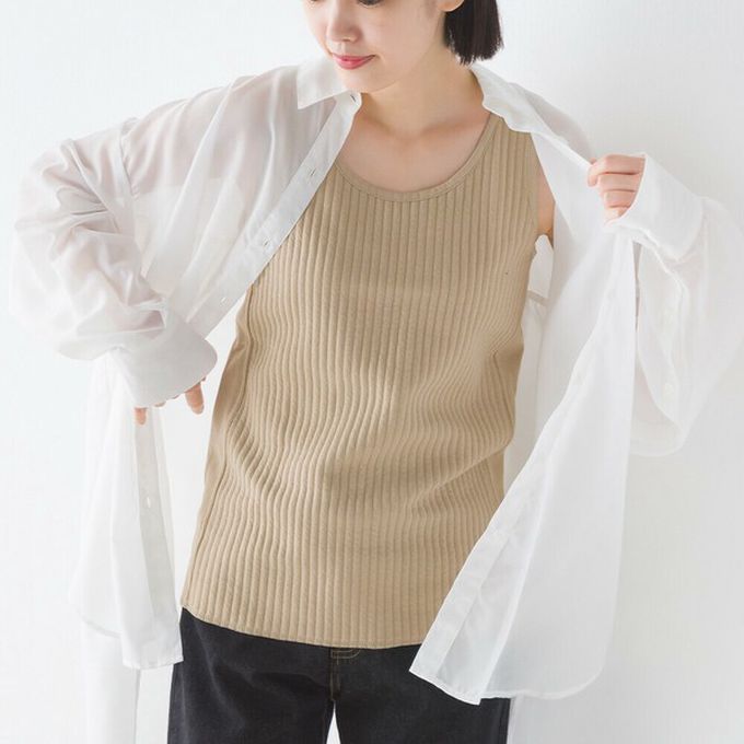 日本 OMNES - 直羅紋圓領無袖背心/內搭-卡其