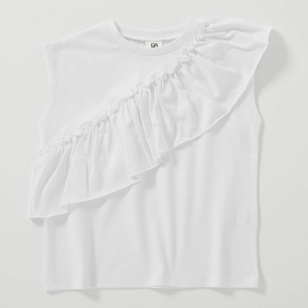 可愛女孩短袖上衣-斜邊荷葉-白