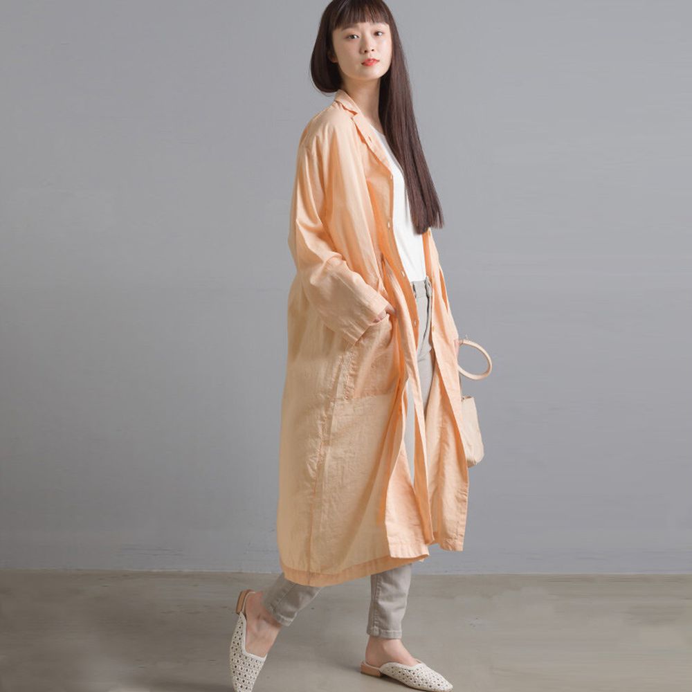 日本 OMNES - 涼爽純棉長袖罩衫外套/洋裝-鮭魚粉橘 (F)