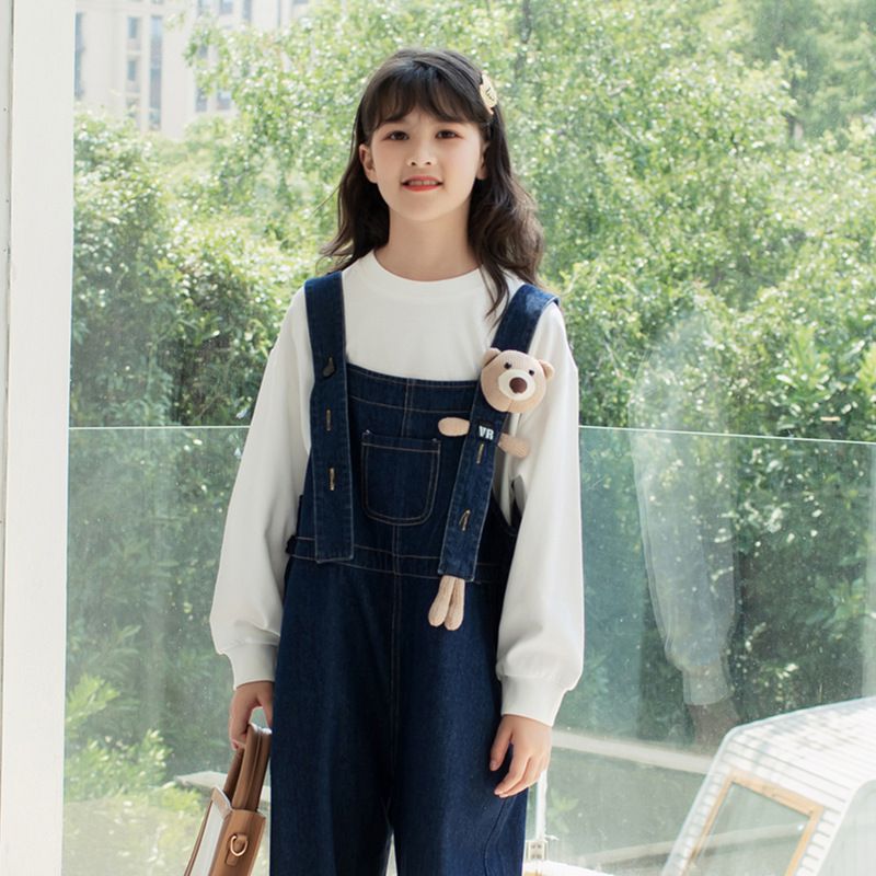 休閒牛仔寬鬆吊帶褲-小熊-綠色