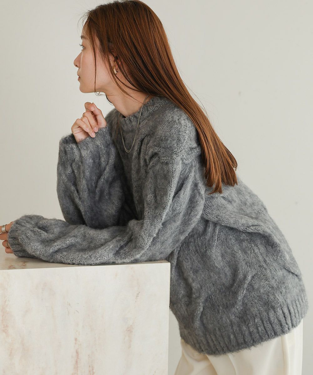 日本 Bab - 季節感立體麻花大寬袖針織上衣-深灰