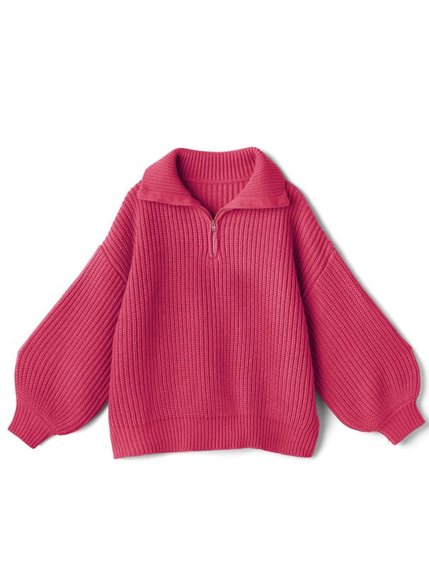 日本 GRL - 率性拉鍊領氣球袖針織上衣-深咖啡 (F)