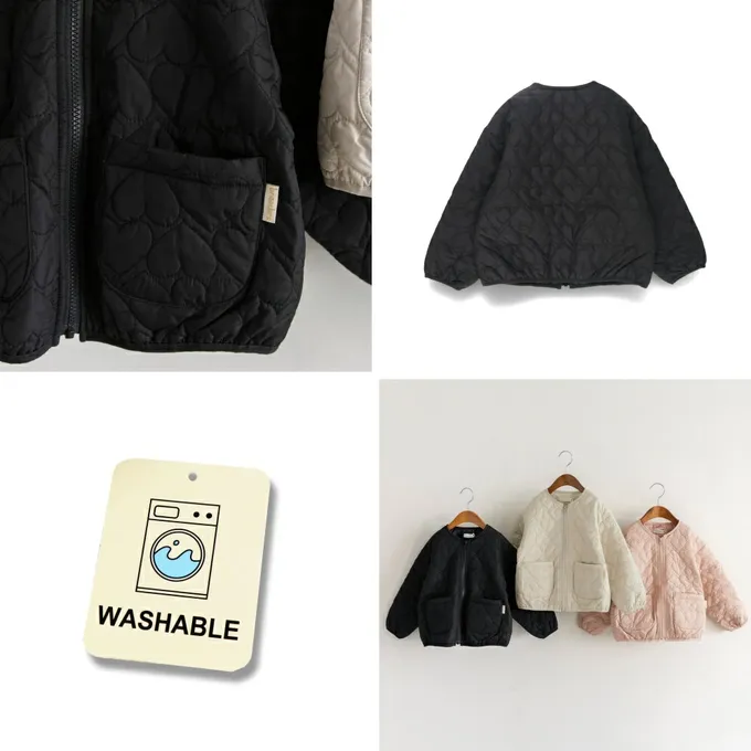 日本 BRANSHES - 甜美心型絎縫輕盈保暖無領外套(可機洗)-黑