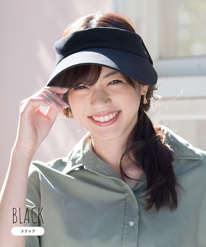 日本 irodori - 抗UV蝴蝶結緞帶網球帽-時尚黑 (M(56-58cm))