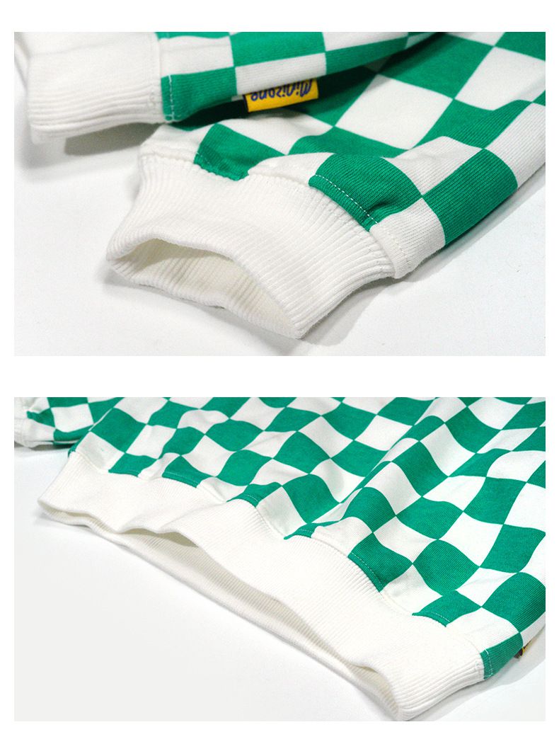 Minizone - 格紋圓領長袖上衣-英文字母-綠+白