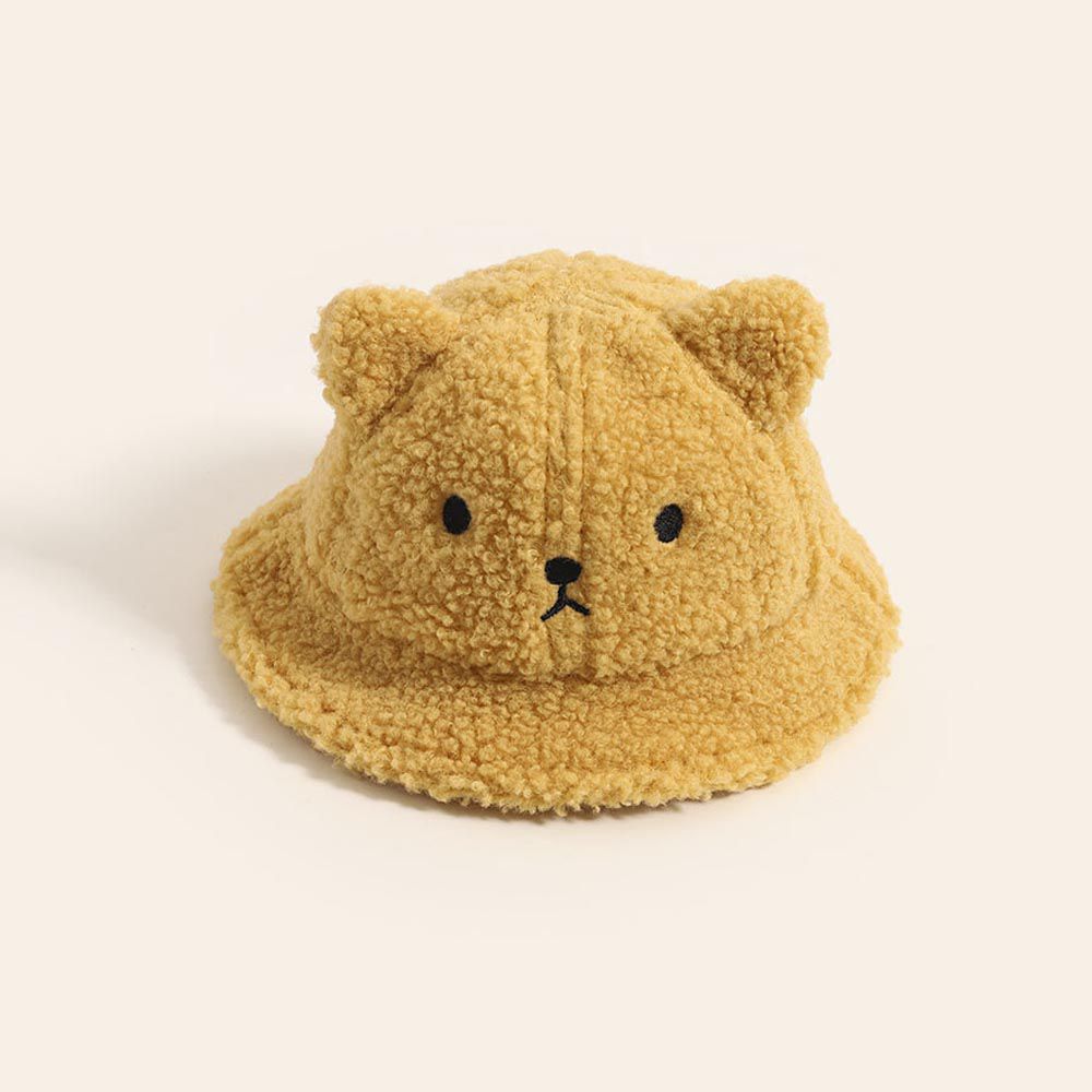 保暖卡通造型漁夫帽-小熊-黃色 (帽圍48CM)