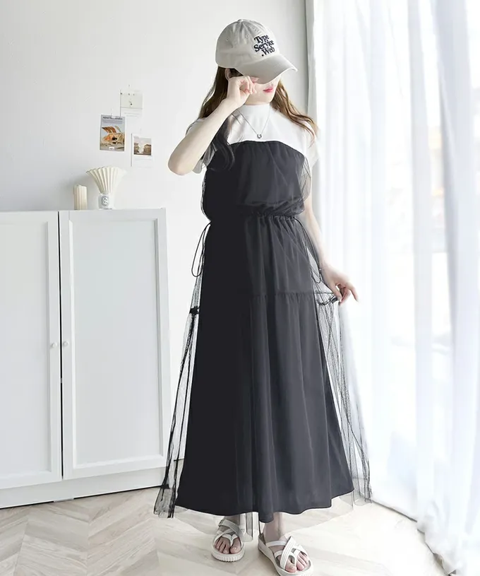 日本 Classical Elf - 顯瘦抽繩薄紗拼接法式袖洋裝-黑系
