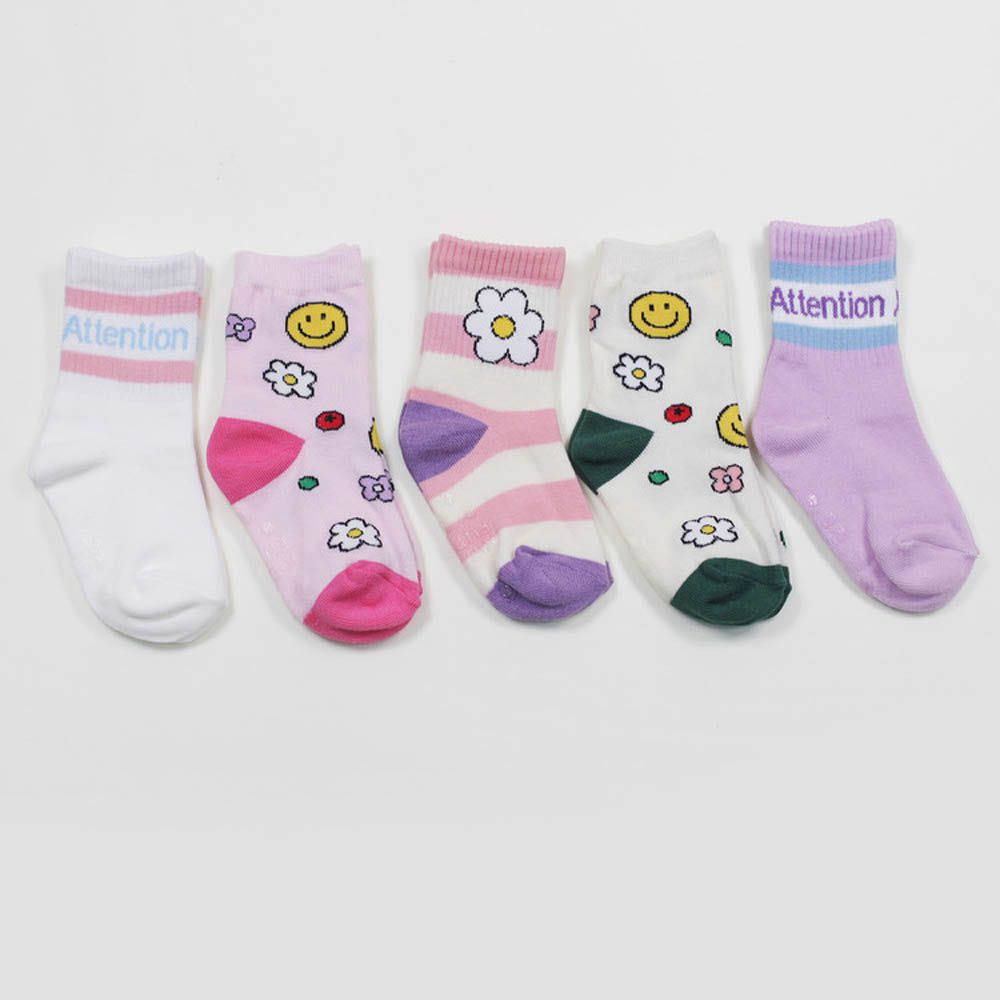 (五入組)韓製兒童中筒襪-花朵笑臉