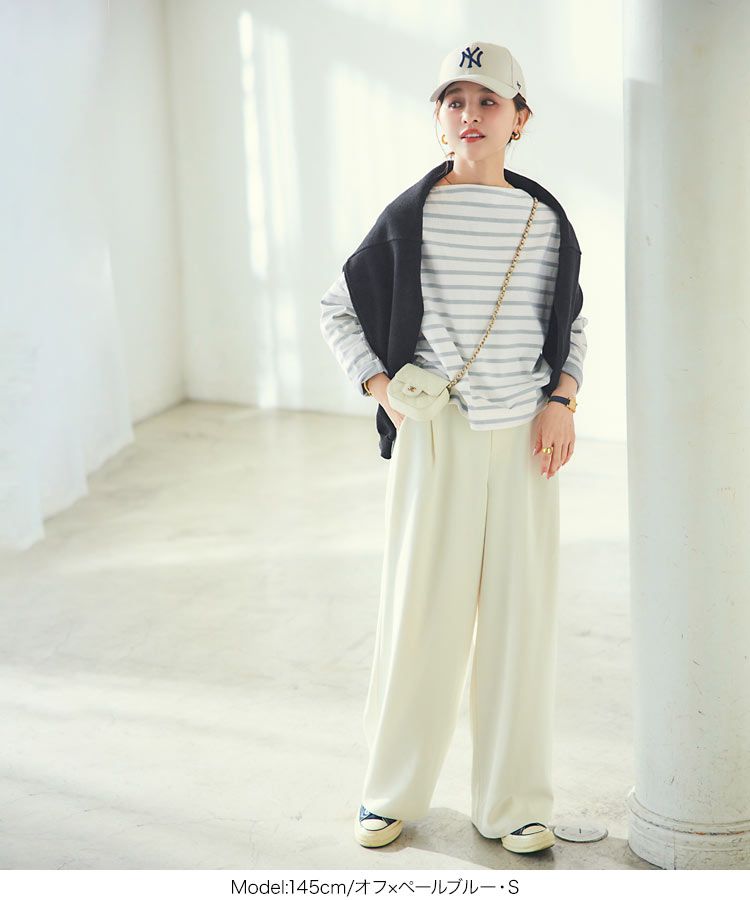 日本 Kobe Lettuce - 聯名款 船領百搭長袖上衣-條紋-白x淺灰