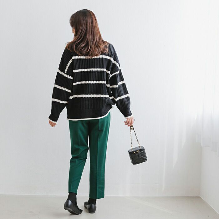 日本 ihuu - 率性線條高領厚針織長袖上衣-黑x白條紋