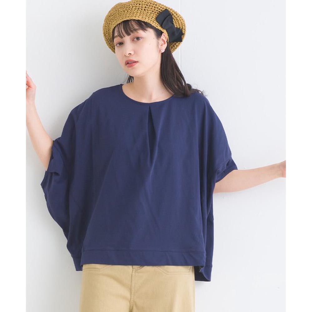 日本 Lupilien - 抗皺材質打褶圓領短袖上衣-海軍藍