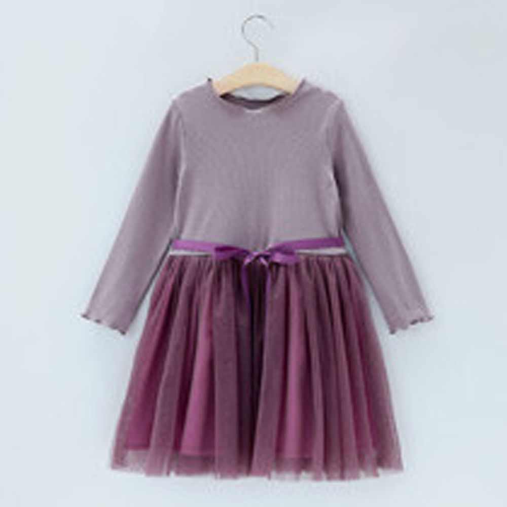 日本 Maison de Ravi - 羅紋薄紗拼接長袖洋裝-星塵紫
