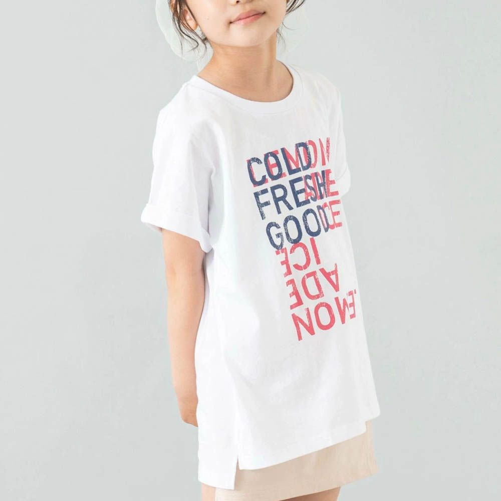 100%棉 開衩印花短袖上衣-英文logo-白