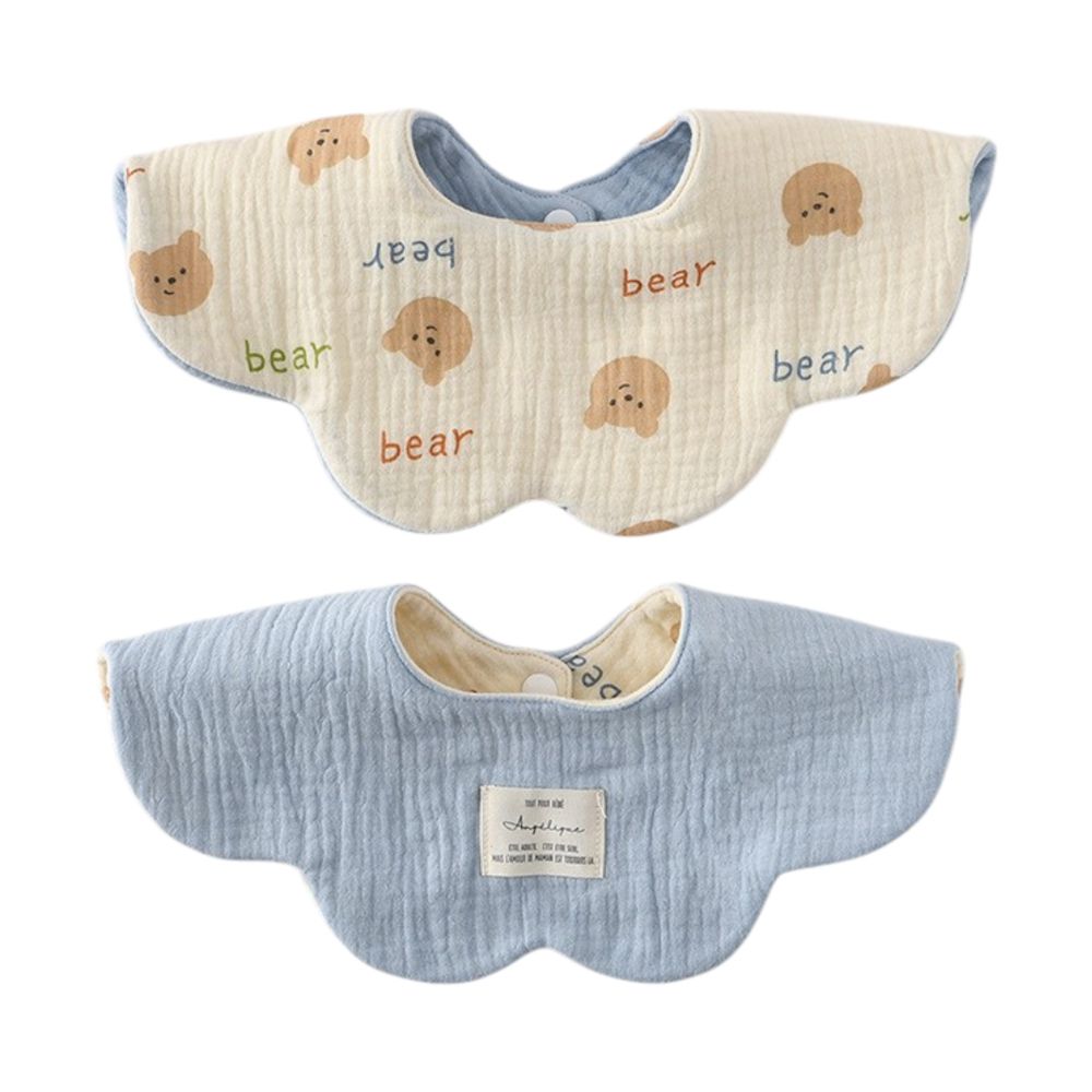 2條入-六層紗吸水圍兜 花型圍兜 兩面皆可用 純棉-英文熊/天藍+隨機1條 (24.5*25cm)