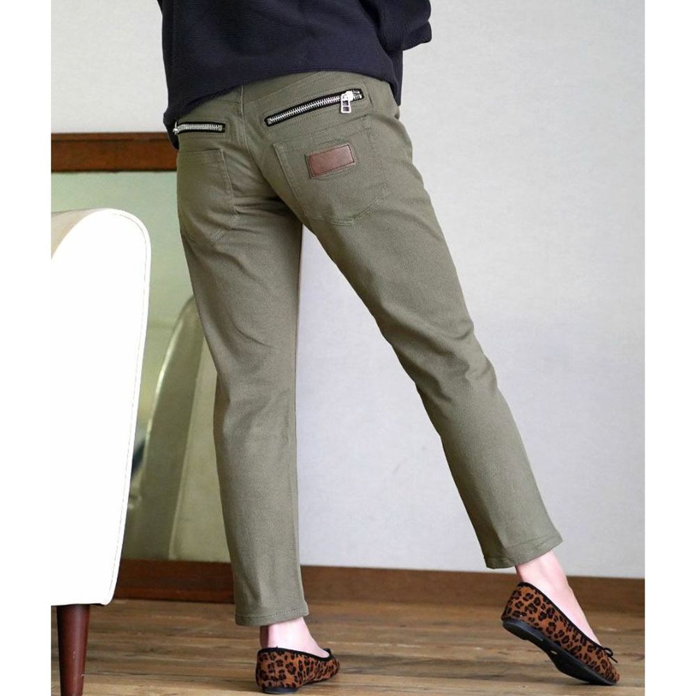 日本 zootie - 純棉後拉鍊造型修身直筒長褲-墨綠