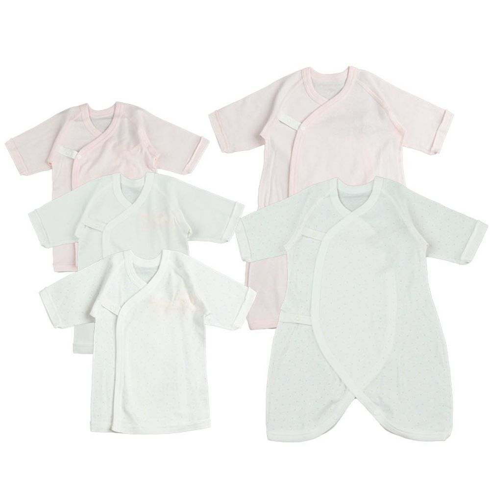 akachan honpo - 新生兒內衣5件組 釦子款-點點-粉紅色 (50~60cm)