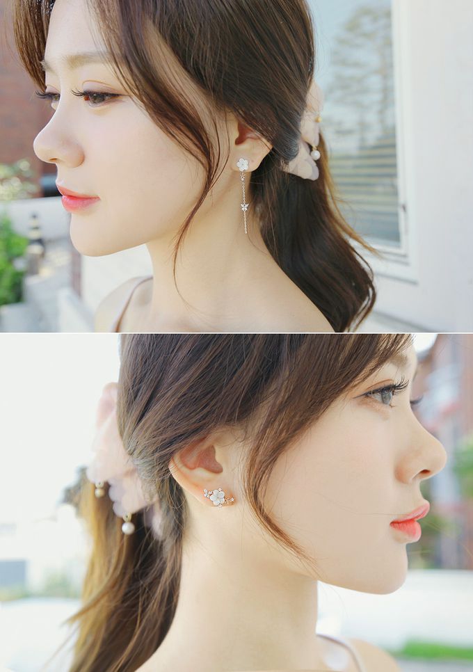 韓國 Soo&Soo - 絕美花鈿不對稱耳環-時尚銀 ((左)1.7cm，(右)5cm)