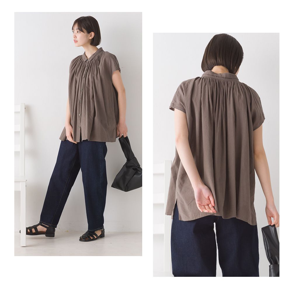 日本 OMNES - 微透膚棉麻涼爽短袖上衣-深灰