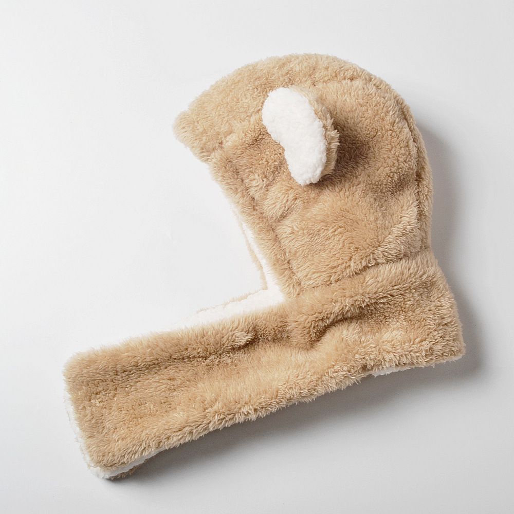 毛絨絨圍脖一體帽-熊熊耳朵-淺咖啡色 (M(約3歲到8歲))