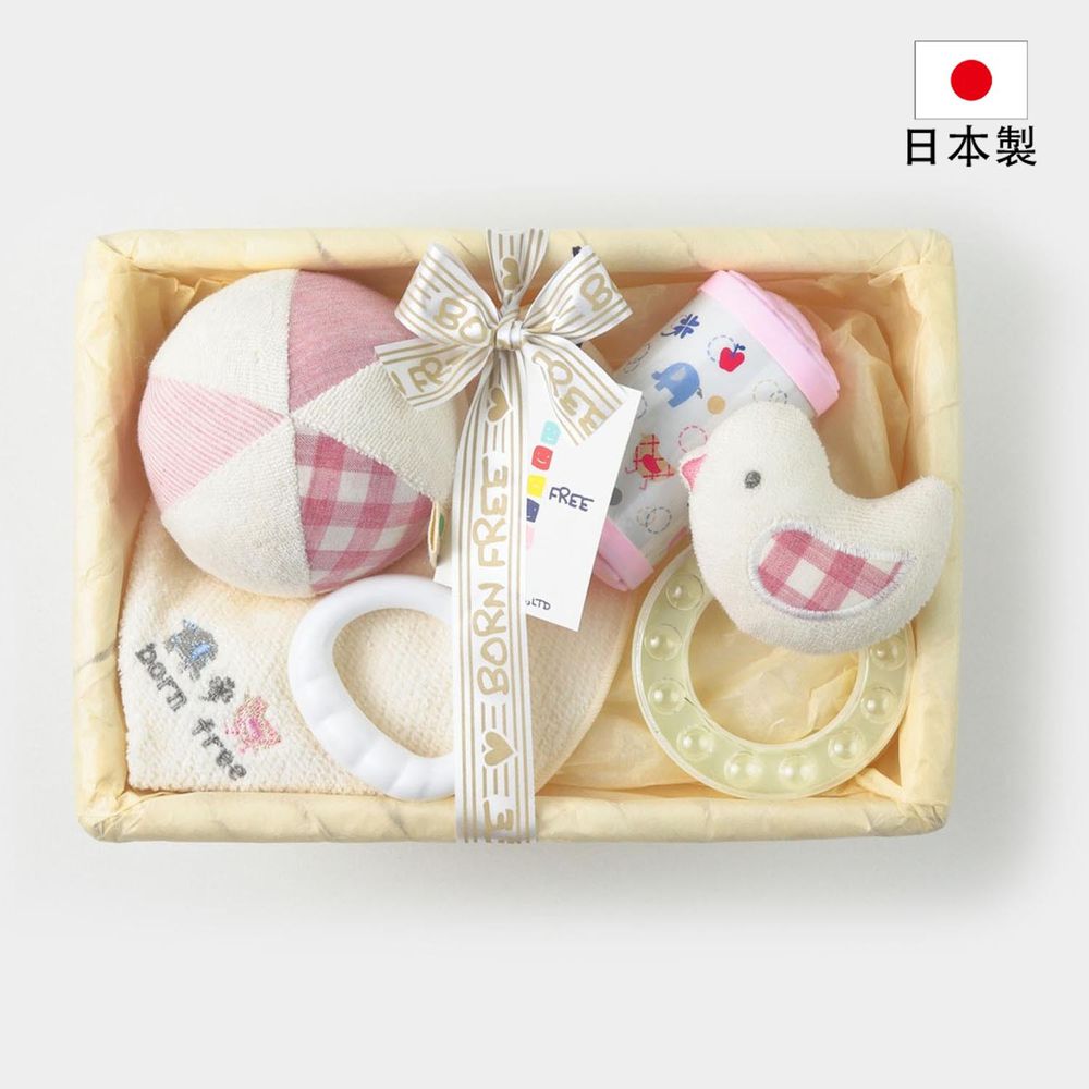 akachan honpo - 日本製幼兒玩具組-粉紅色 (圍兜:50~70cm 體重3~9kg)-適用年齡:【球】0個月以上【響鈴・搖鈴】6個月以上