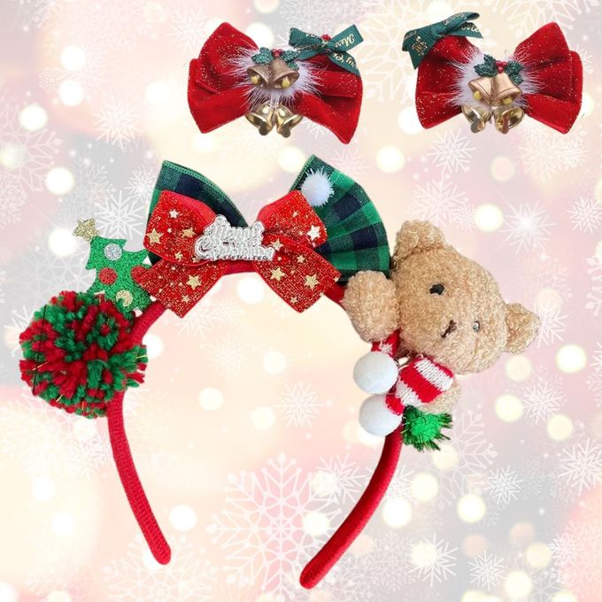 聖誕節小熊玩偶髮箍及Jingle Bells絲絨蝴蝶結對夾