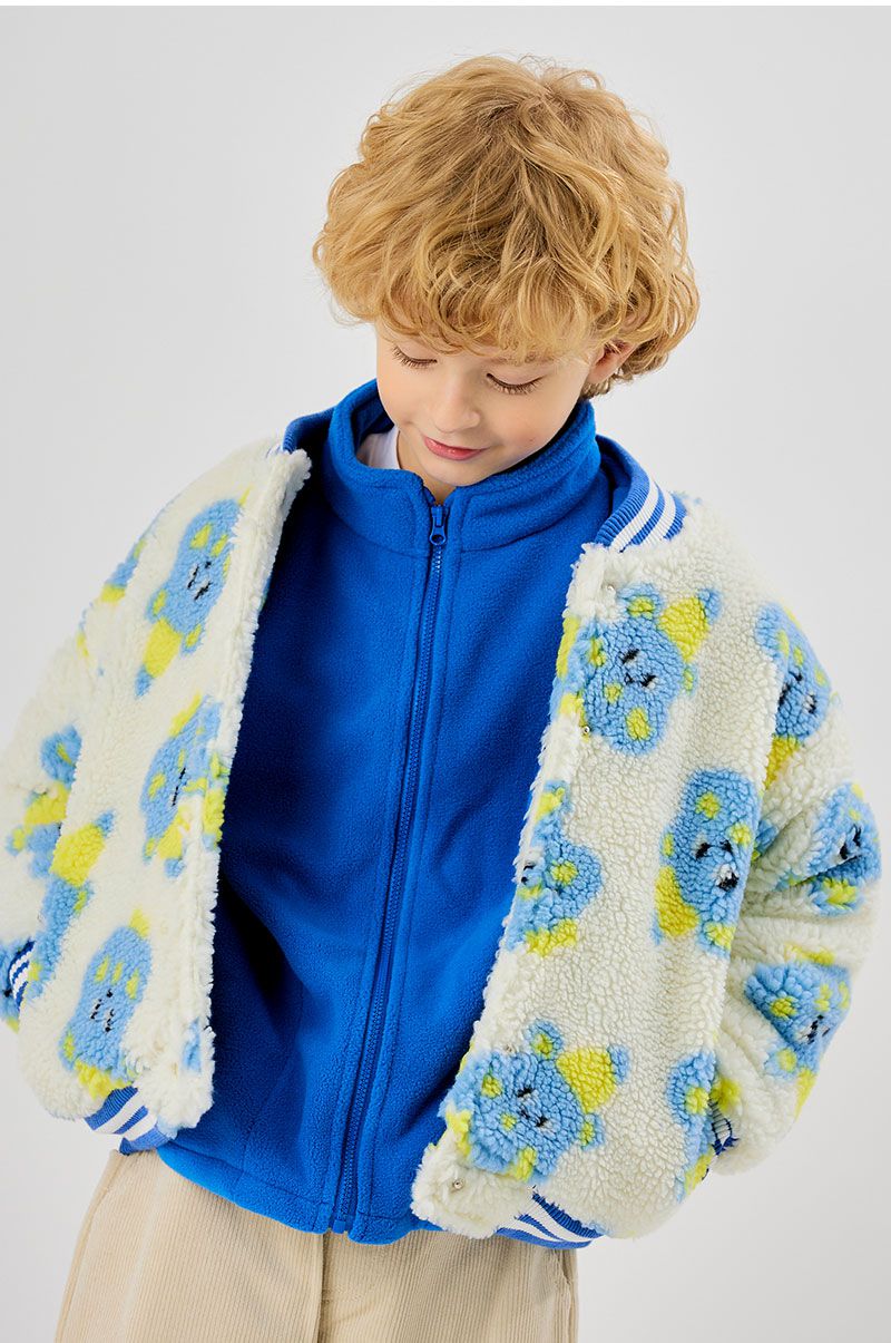 韓國 OZKIZ - 保暖毛絨絎縫內裡棒球外套-藍熊熊