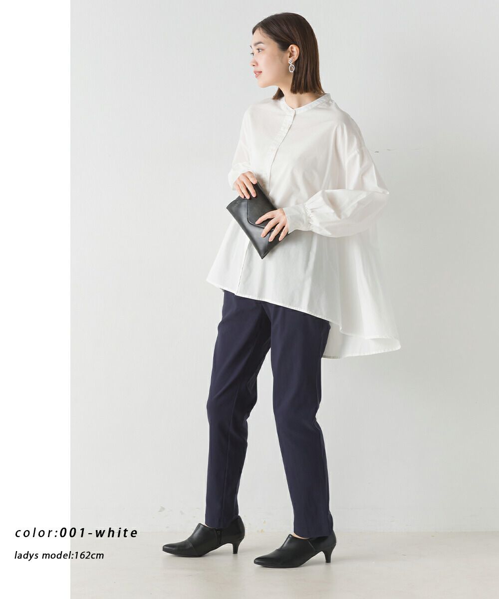 日本 OMNES - 100%棉 前短後長寬鬆長袖襯衫-條紋-藍白