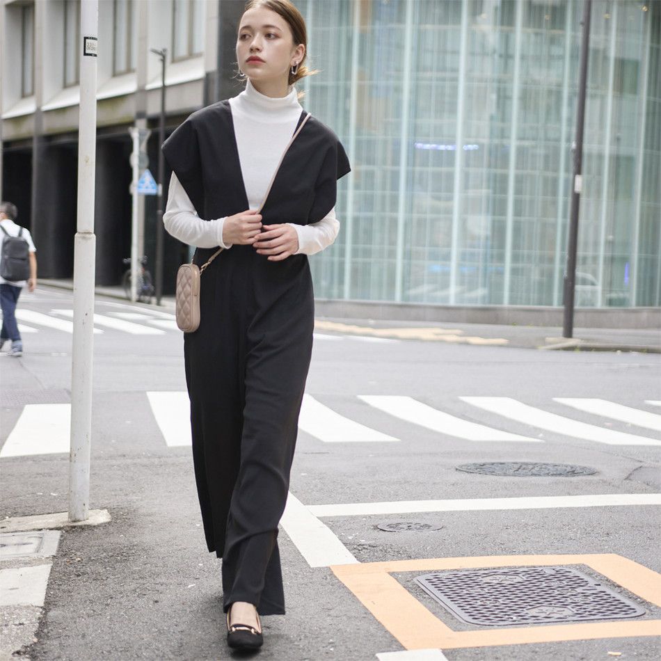 日本 Rejoule - 時尚落肩收腰吊帶褲-優雅黑