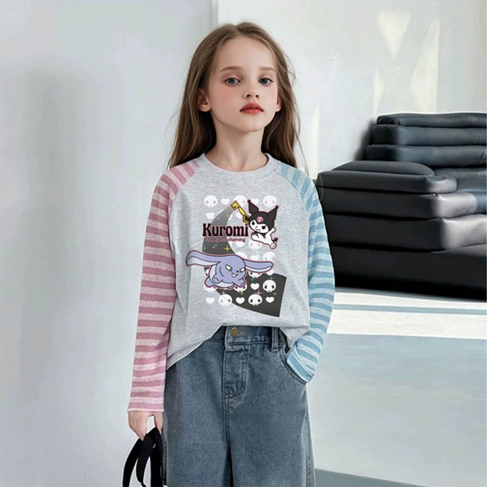 甜美條紋撞色長袖T恤-卡通人物酷洛米-灰色