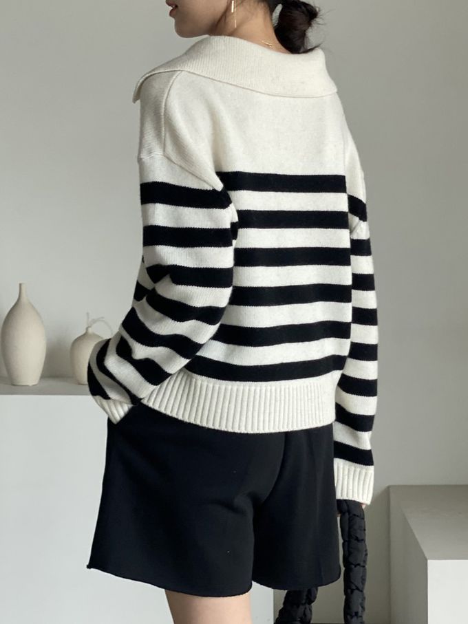 韓國女裝連線 - 精選美麗諾羊毛翻領上衣-米白底X黑條紋 (FREE)