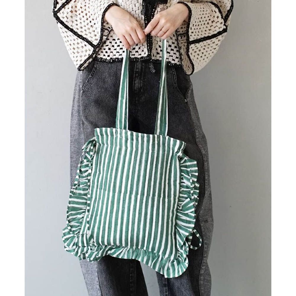 活潑荷葉邊束繩印花肩背托特包-條紋-綠