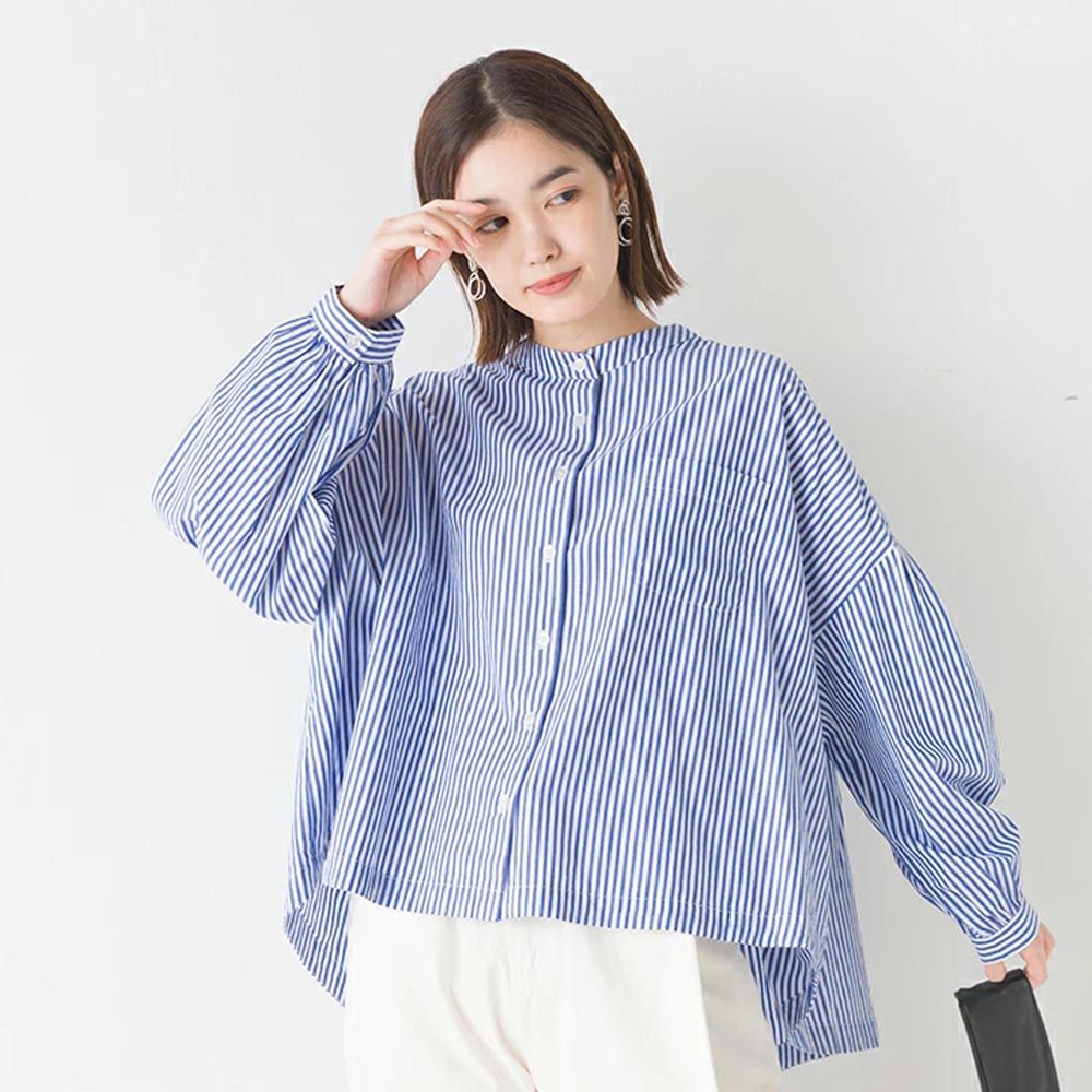日本 OMNES - 100%棉 前短後長短版排扣襯衫-條紋-藍白