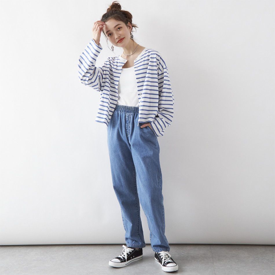 日本 Rejoule - V領橫條紋落肩短版薄外套-藍x白