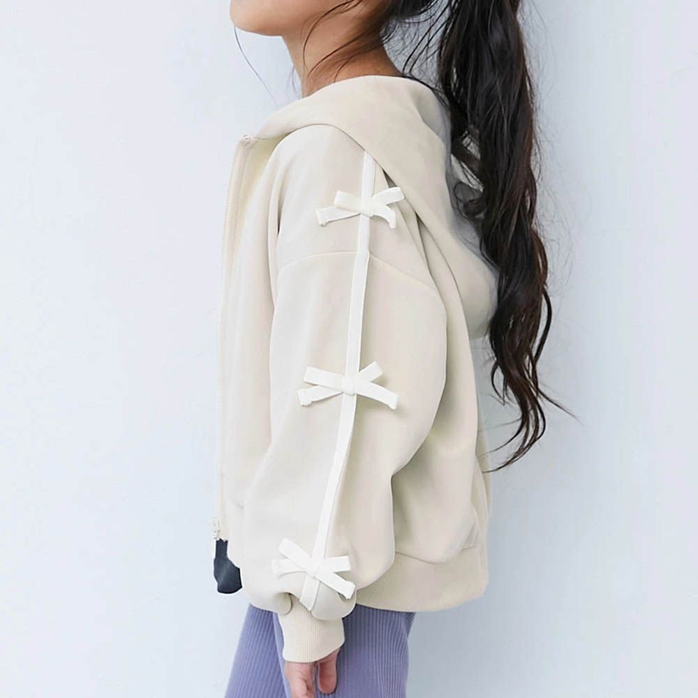 甜美蝴蝶結落肩連帽外套-白杏