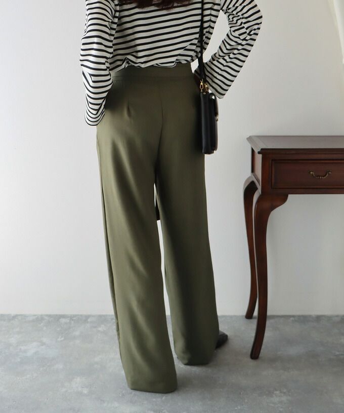 日本 BLUE EAST - 綁帶裝飾垂墜西裝長褲-軍綠