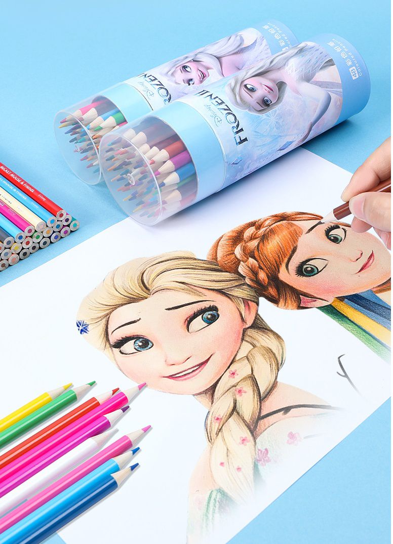 卡通兒童塗鴉油性色鉛筆-卡通人物艾莎-藍色