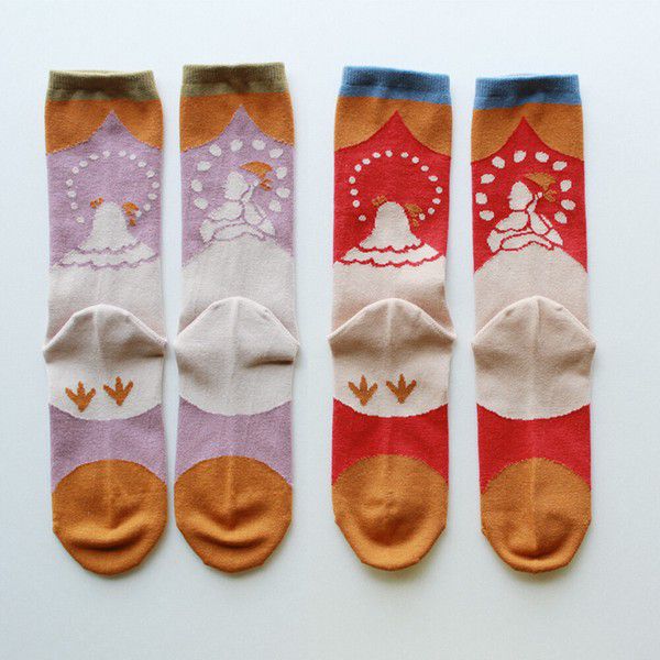 日本女裝代購 - 日本製 伊索寓言印花長襪-寡婦與母雞-粉紫 (23-25cm)