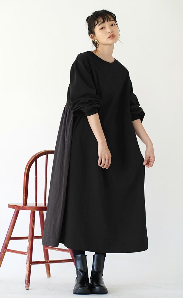 日本 zootie - 森林系後拼接刷毛長袖洋裝-淺卡其