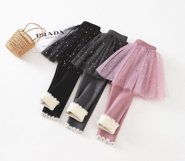 FANMOU - 加絨網紗亮片褲裙-星星月亮-灰色