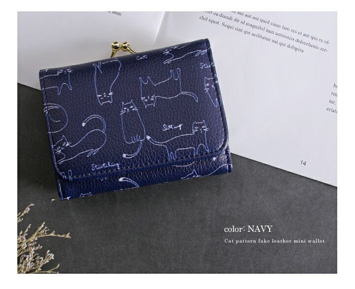 日本 LIZDAYS - 皮質迷你口金三折短夾/錢包-貓咪-時尚黑 (10x8x3.5cm)