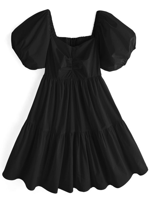 日本 GRL - 法式愛心領短版泡泡袖洋裝-經典黑