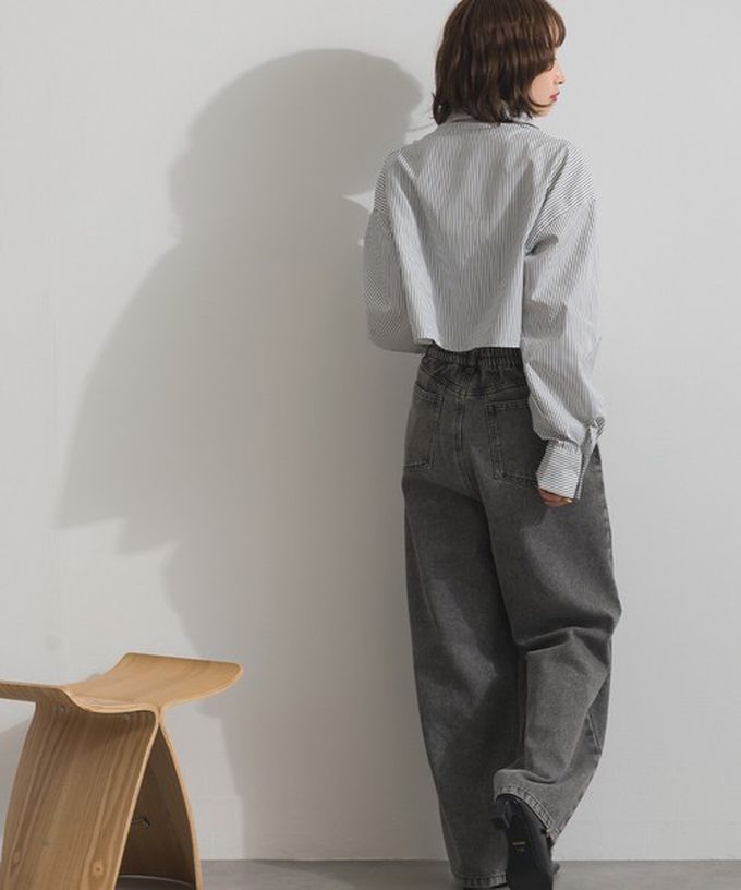 日本 ELENCARE DUE - 10oz 立體摺線後腰鬆緊牛仔褲-刷色黑