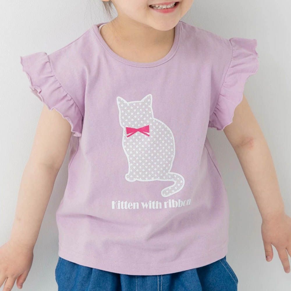 100%棉 荷葉邊女孩印花短袖上衣-蝴蝶結貓貓-紫