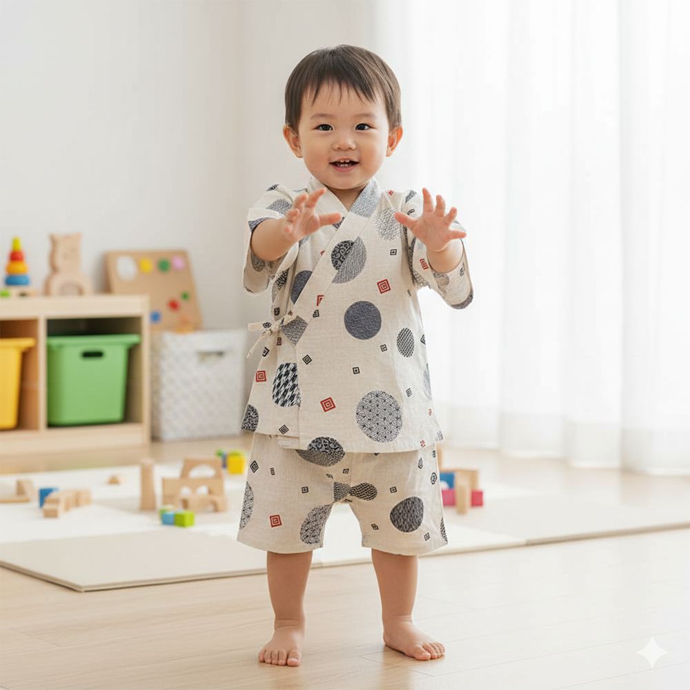 兒童兩件式甚平-圓形和風圖案-米白色